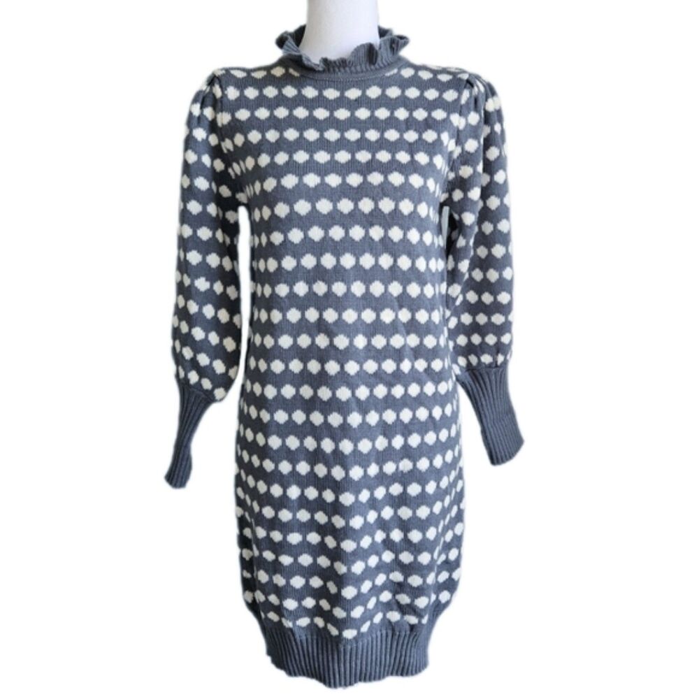 Vintage Latitudes Polka Dot Sweater Dress Women's Small Cozy Fall Ruffle Chunky